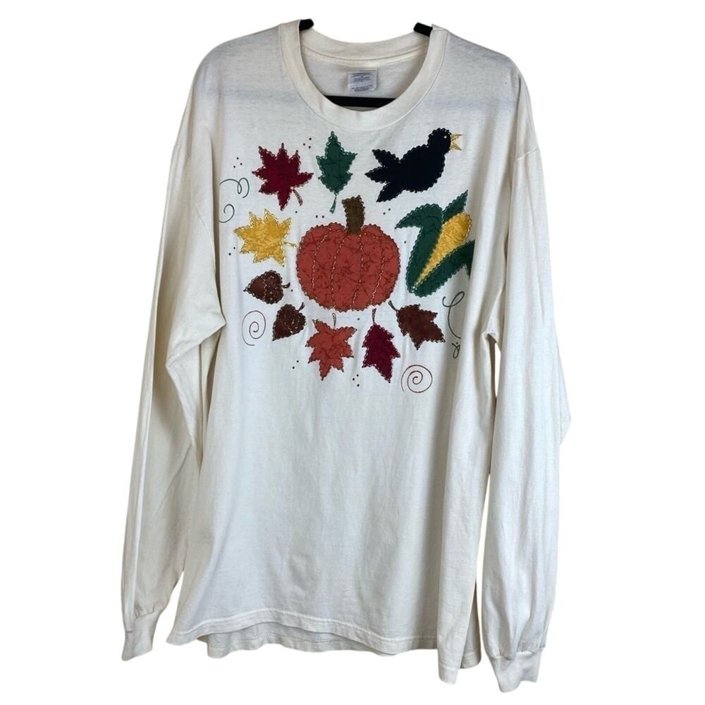Vintage Y2K Hanes BEEFY-T Fall Embroidered Graphic Patched Long Sleeve Tee XL
